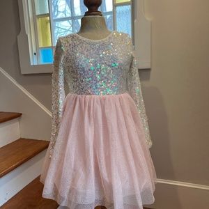 Cat & Jack Sequin Dress M 7 8 Girls Pink Gold Tulle Long Sleeve Zipper Layers